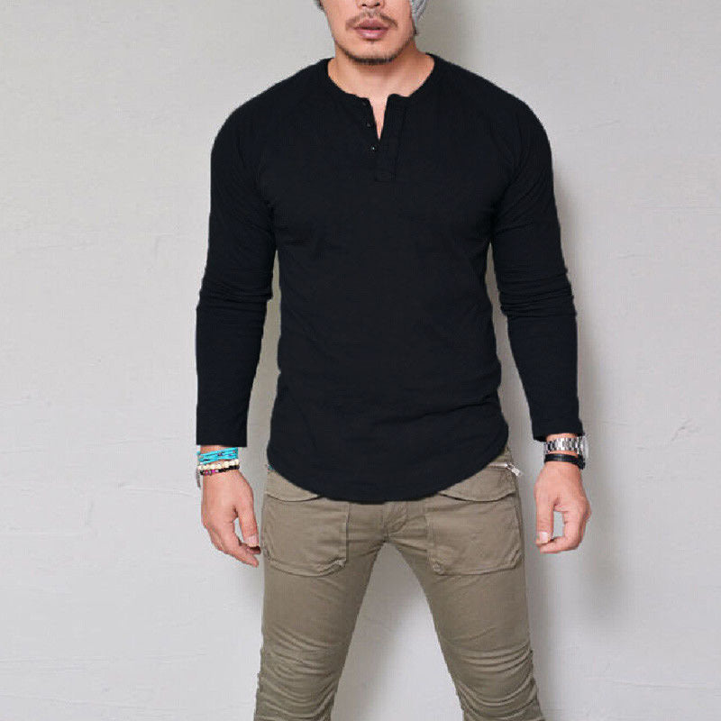 Men's Crew Neck Solid Color Button Long Sleeve T-Shirt