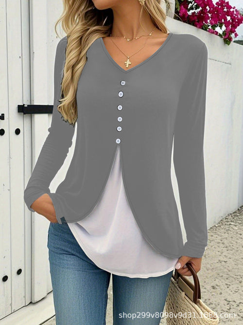 New Spring Autumn Women's V-neck T-shirt, Sexy Casual Color Block