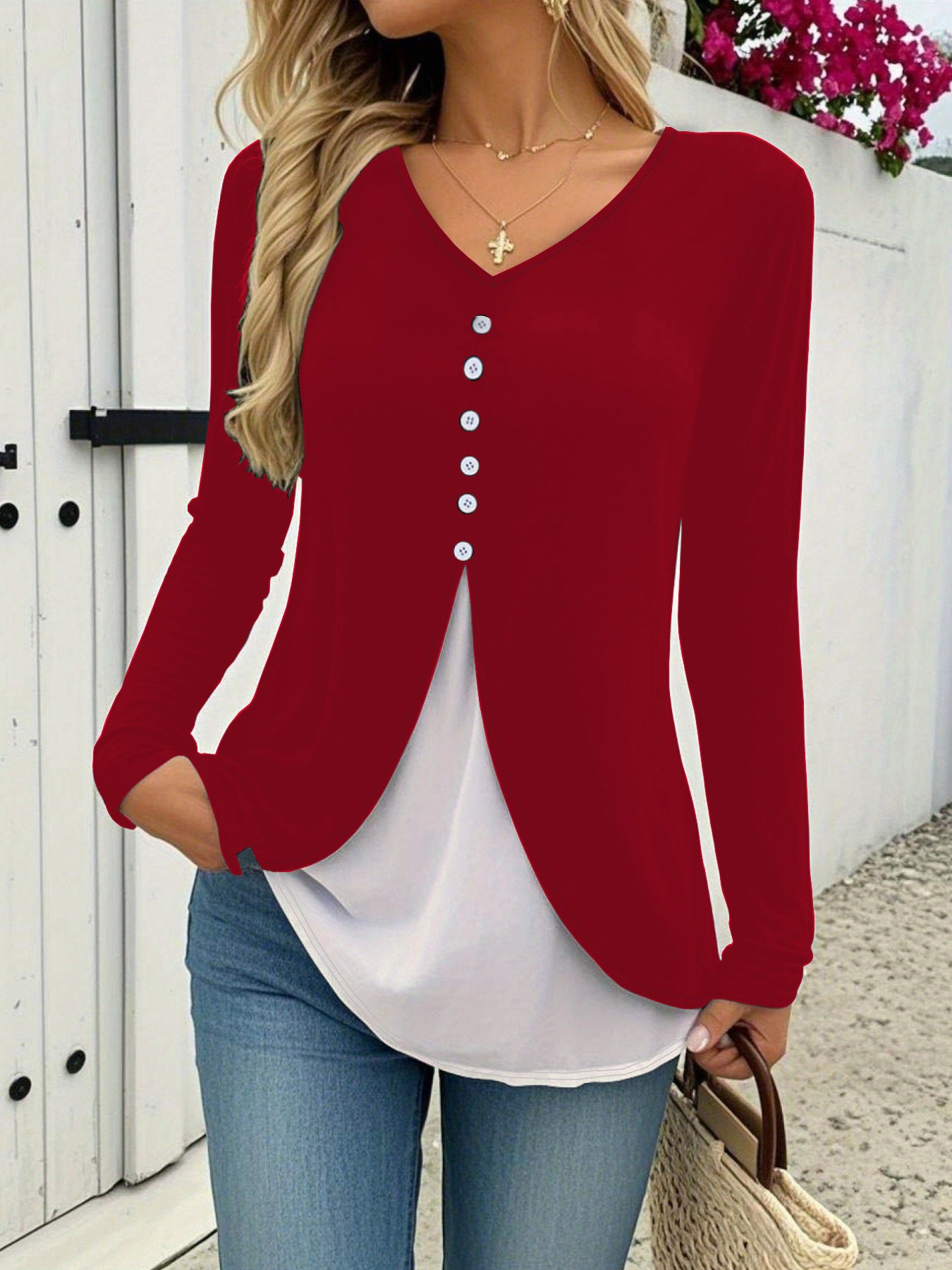 New Spring Autumn Women's V-neck T-shirt, Sexy Casual Color Block