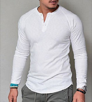 Men's Crew Neck Solid Color Button Long Sleeve T-Shirt
