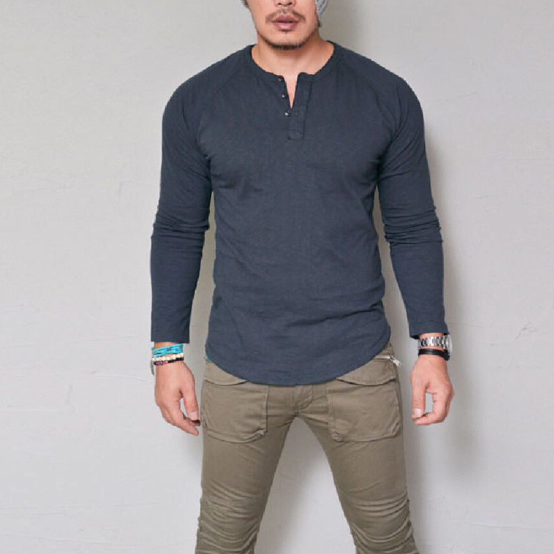 Men's Crew Neck Solid Color Button Long Sleeve T-Shirt